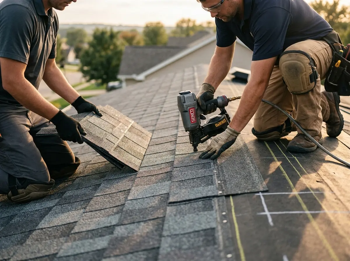 Professional roofer working on a residential roof in Miami Shores